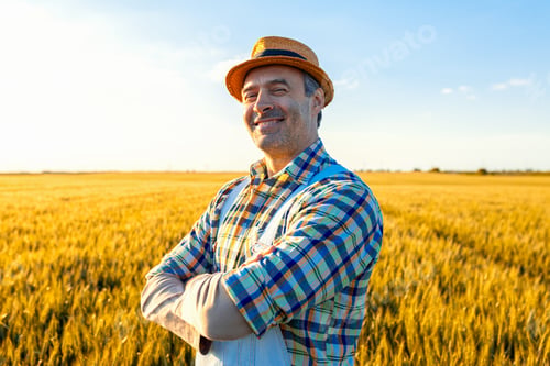 Preview: Confident farmer standing in wheat field at sunset looking at camera.
