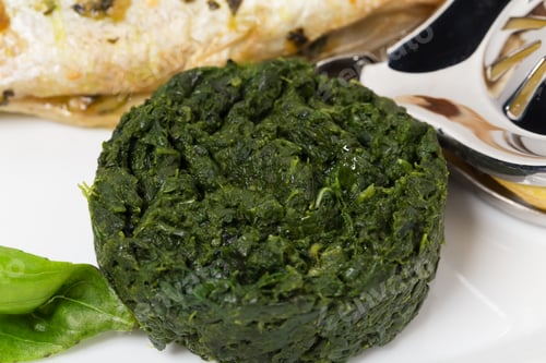 Preview: Grilled sea bass with spinach garnish.