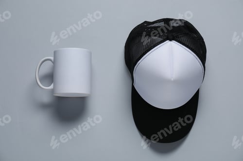 Preview: Blank cap and cup for branding on gray background, flat lay. Mockup for design