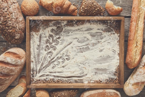 Preview: Bread bakery background. Brown and white wheat grain loaves comp