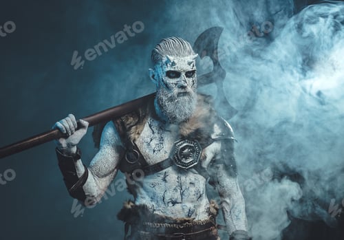 Preview: Scary pale skinned warrior with axe in smokey background