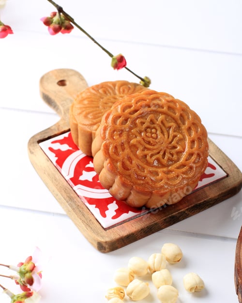 Preview: Mooncake on Light Background with Tea.