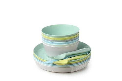 Preview: Colorful plastic dishware isolated on white background
