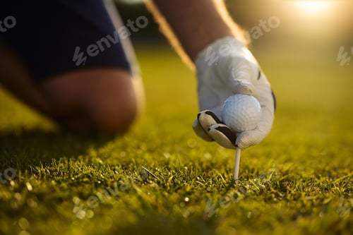 Preview: Close up of golfer placing golf ball on a tee.