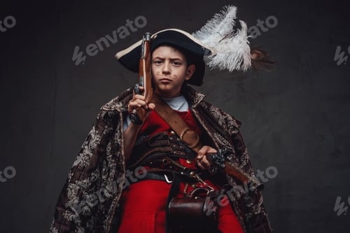 Preview: Angry child with jacket weared in pirate costume