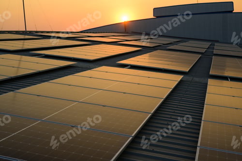 Preview: Solar cell farm power plant and solar panels with sunset in evening