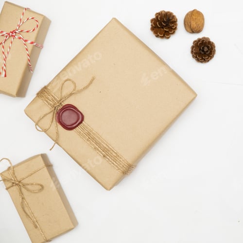 Brown Paper Gifts with Pine Cones and Walnuts