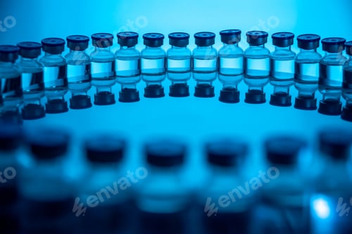 Preview: Group of Vaccine bottles. Medicine in ampoules. Glass vials for liquid samples in laboratory.