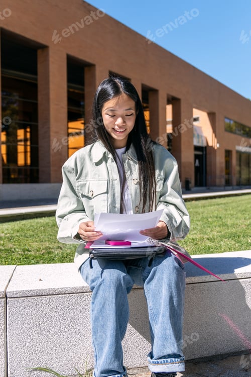 Preview: University student reviewing notes outdoors on campus