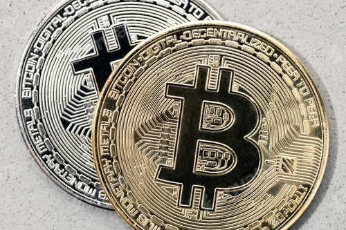 Preview: Close up of Bitcoin coins on gray background