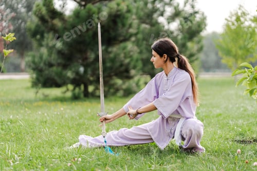 Preview: Martial arts woman practicing wushu kungfu with sword at green park