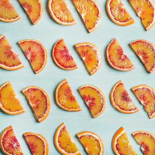 Preview: Fresh juicy blood orange slices over blue background, square crop