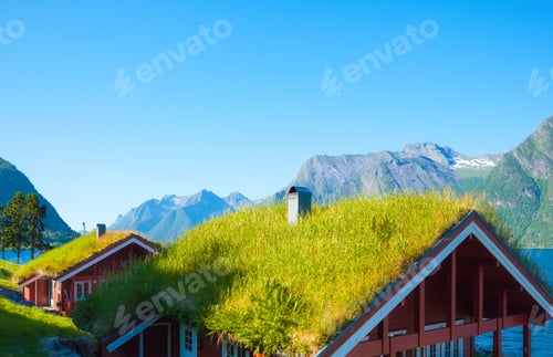 Preview: Norway. Traditional house with moss on the roof. Nature in fjords.