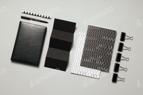 Preview: Mockup flat lay with different office accessories on light gray background