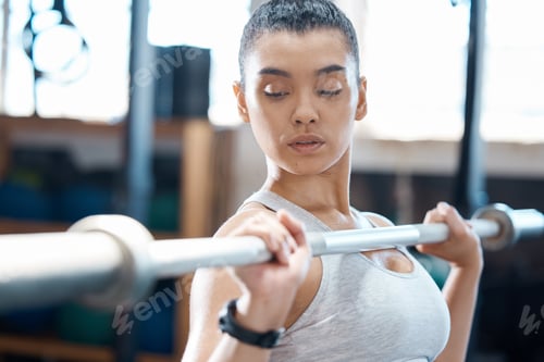 Preview: Workout, fitness and exercise woman with barbell in gym for health, cardio and wellness. Healthy, s
