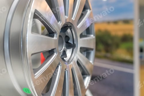 Preview: Metal disc wheel for the car at an exhibition.SElective focus.Modern store with alloy wheels and