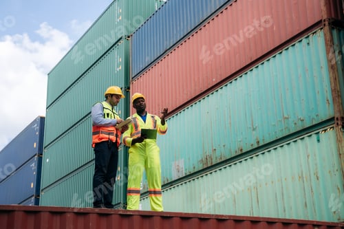 Preview: Foreman checking inventory or task details at Container cargo harbor.