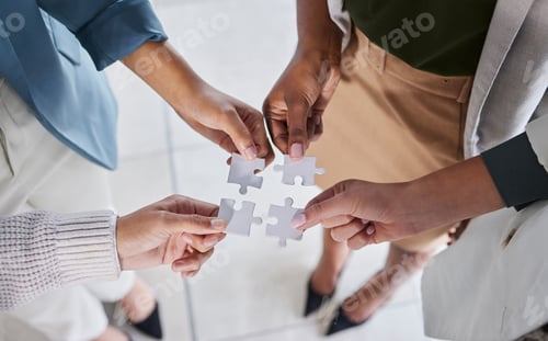 Preview: Top view, puzzle and hands with business, partnership or planning for new project, teamwork or staf
