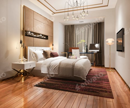 Preview: 3d rendering beautiful luxury bedroom suite in hotel with tv