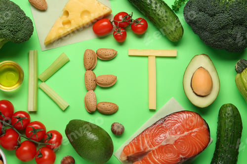 Preview: Word Keto made with products surrounded by different food on light green background, flat lay