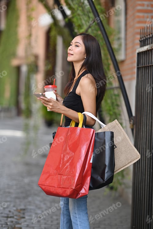 Preview: Portrait of beautiful Asian woman standing at outdoor and carrying shopping bags.