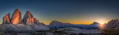 Preview: Panorama of Tre Cime peaks in Dolomites at sunset, Italy