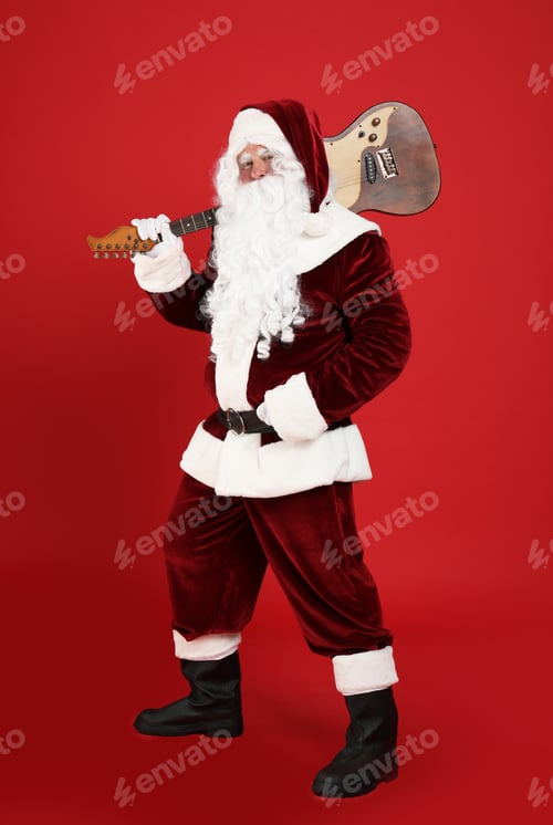 Preview: Santa Claus with electric guitar on red background. Christmas music