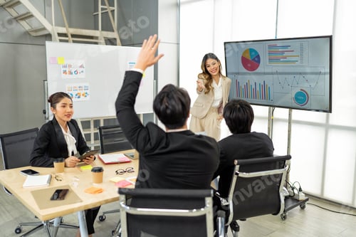 Preview: Employee meeting big screen tv presentation conference discussion brainstorming and working together