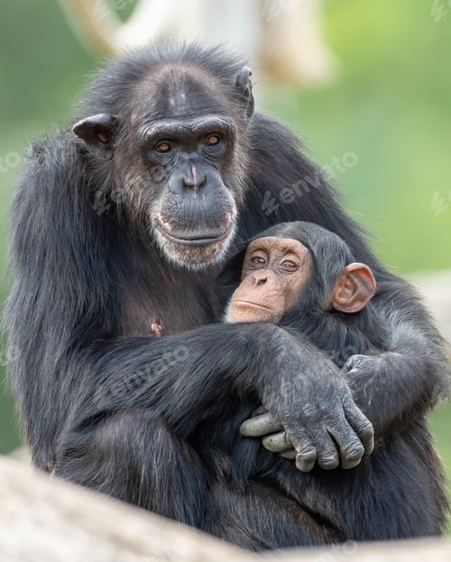 Preview: Vertical shot of a cute Chimpanzee hugging its baby