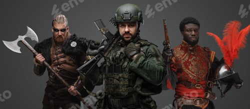 Preview: Military man with barbaric viking and conquistador on his sides