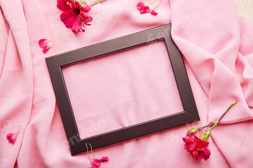 Preview: Aesthetic empty floral frame among gerberes flowers with copy space flat lay.