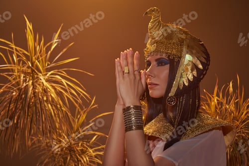 Brunette woman in egyptian look doing praying hands gesture near desert plants isolated on brown