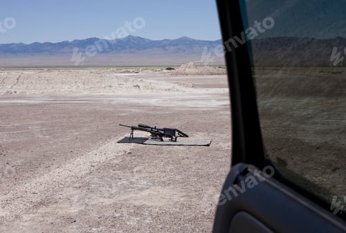 Preview: View from car door of semi automatic weapon at firing range at Wendover, Utah, USA