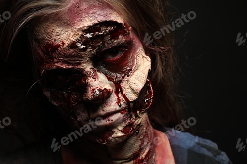 Preview: Scary zombie on dark background, closeup. Halloween monster