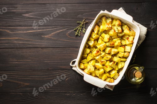 Preview: Baked potato with thyme on dark rustic table.