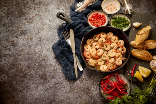 Preview: Grilled shrimps in cast iron grilling pan with fresh lemon, parsley, chili, garlic white wine sauce
