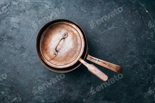 Preview: Old vintage copper pots on dark background. Kitchen utensils. Rustic pan. Top view, copy space for