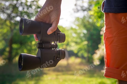 Preview: Male hiker looking through binoculars in forest