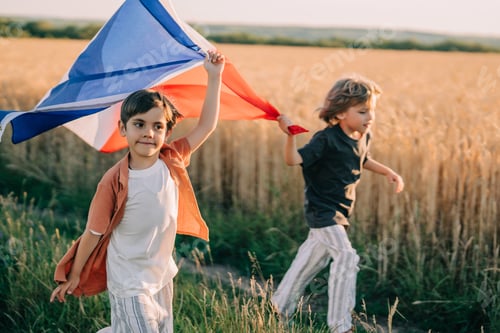 Preview: Cute Little Boys - French Patriot Kids Running With National Flag On Open Area