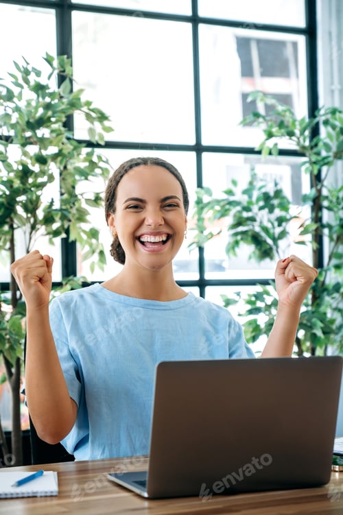 Preview: Vertical photo of excited happy mixed race young business woman, sit at a desk with laptop in office