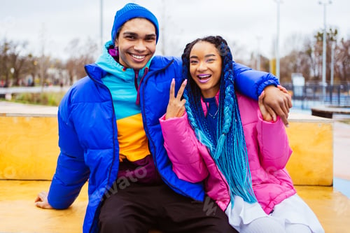 Preview: Multiracial young couple of lovers dating outdoors in winter