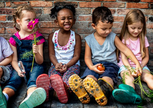 Preview: Group of kindergarten kids little farmers learning gardening
