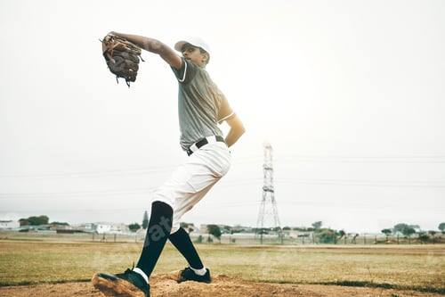 Preview: Baseball, pitcher and sports, athlete man and throw a pitch during a competitive game or match on a