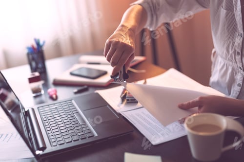 Adult Woman Works at Desk with Laptop