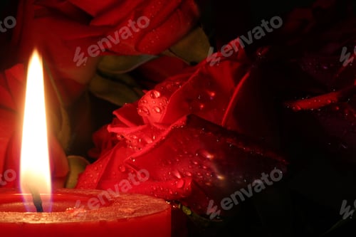 Preview: Red Candle With Roses - Photograph Of A Burning Candle With A Background Of Roses With Water