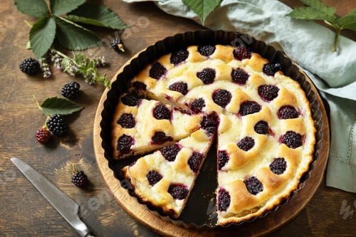 Preview: Sweet pie with blackberry and custard on wooden table.