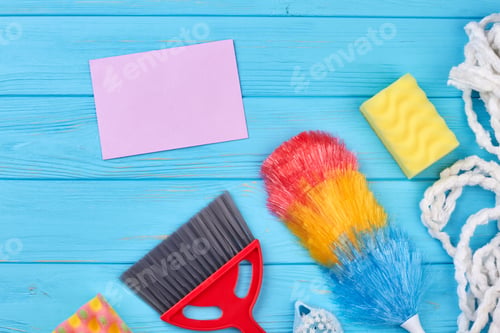 Preview: Items for cleaning on wooden background.