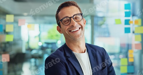 Preview: Businessman, portrait and excited by glass wall with notes, smile and problem solving at startup. M