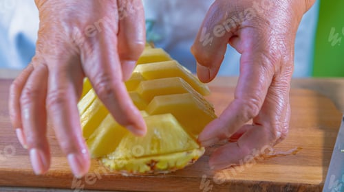 Preview: Closeup of a person cutting pineapple on a wooden board with a blurry background