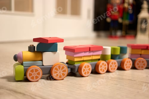 Preview: Toy train made out of colored wooden blocks.
